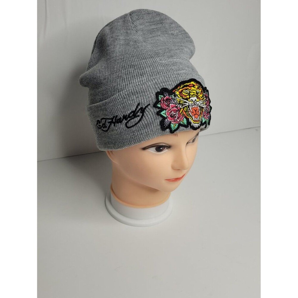 Ed Hardy gray big tiger tattoo logo patch form fitting beanie hat